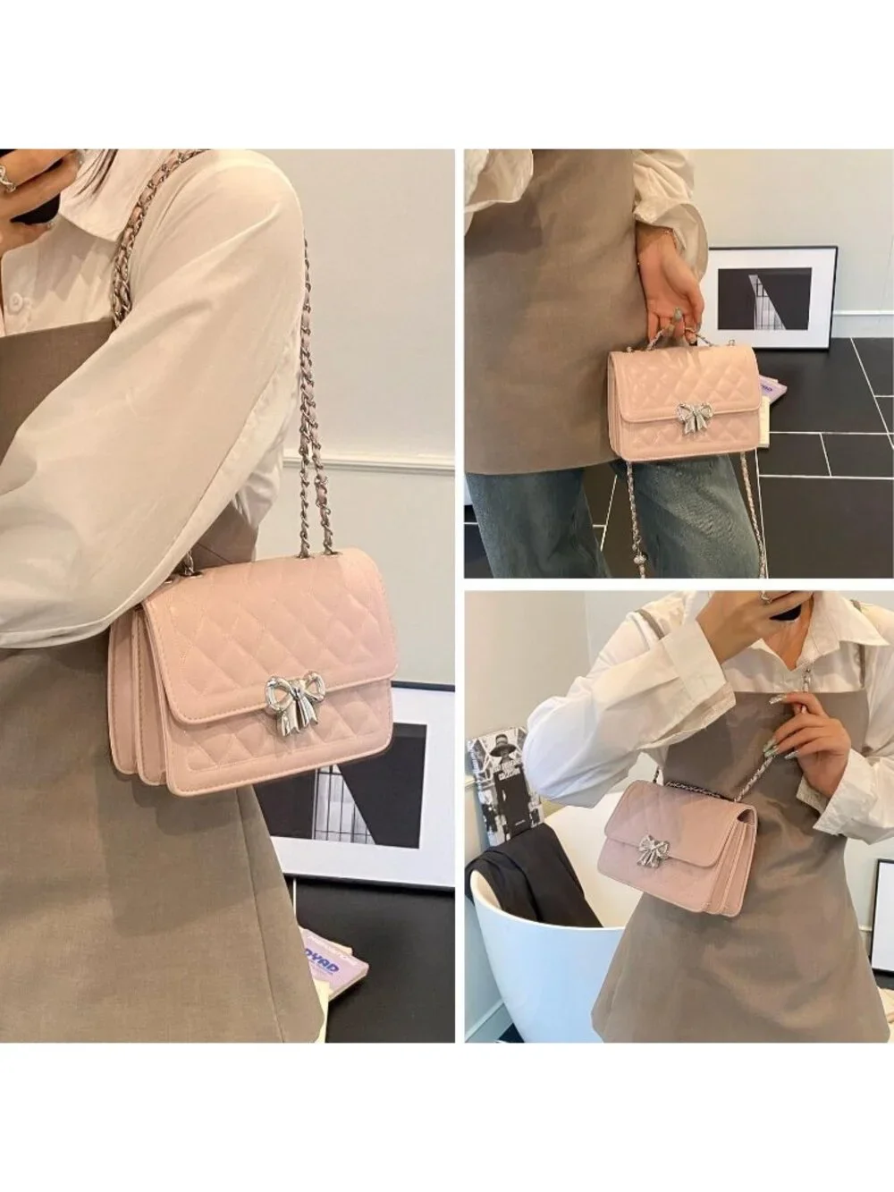 Women's Pink Quilted Small Pu Leather Shoulder Purse Chain Crossbody Bag